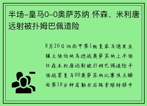 半场-皇马0-0奥萨苏纳 怀森、米利唐远射被扑姆巴佩造险